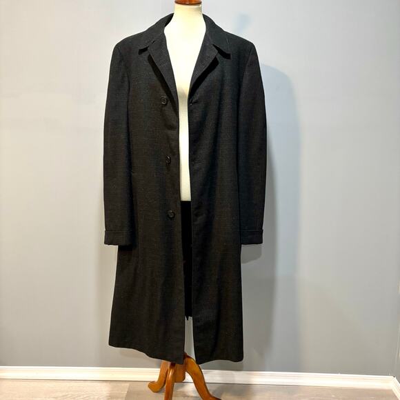 VINTAGE Wool Black Grey Plaid Heavy Overcoat Top Coat zip out liner, Men's L - Picture 2 of 8